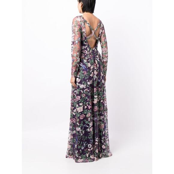 Marchesa Floral Embroidered Gown Purple Green Sheer Long Sleeve Dress Sz 2 - Picture 2 of 14